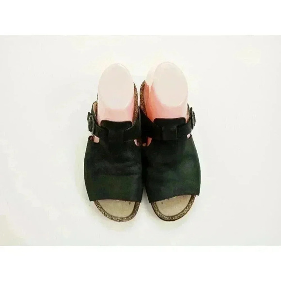 Ecco Womens Size 38 Leather Slip On Black  Strap Sandals Cork U - Picture 1 of 9